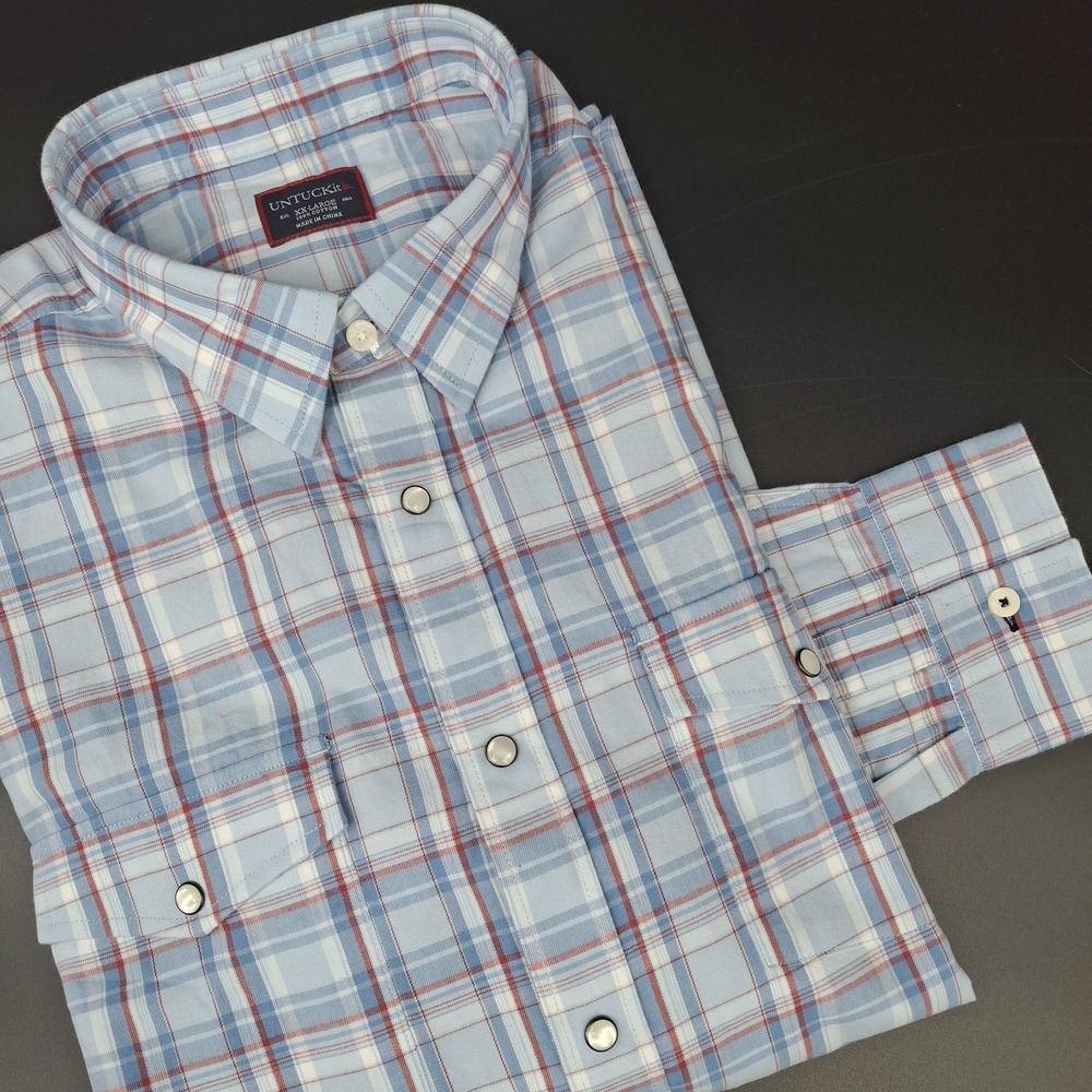 UNTUCKit Muller Shirt Mens 2XL Regular Blue Red Pearl Snap Long Sleeve Button Up